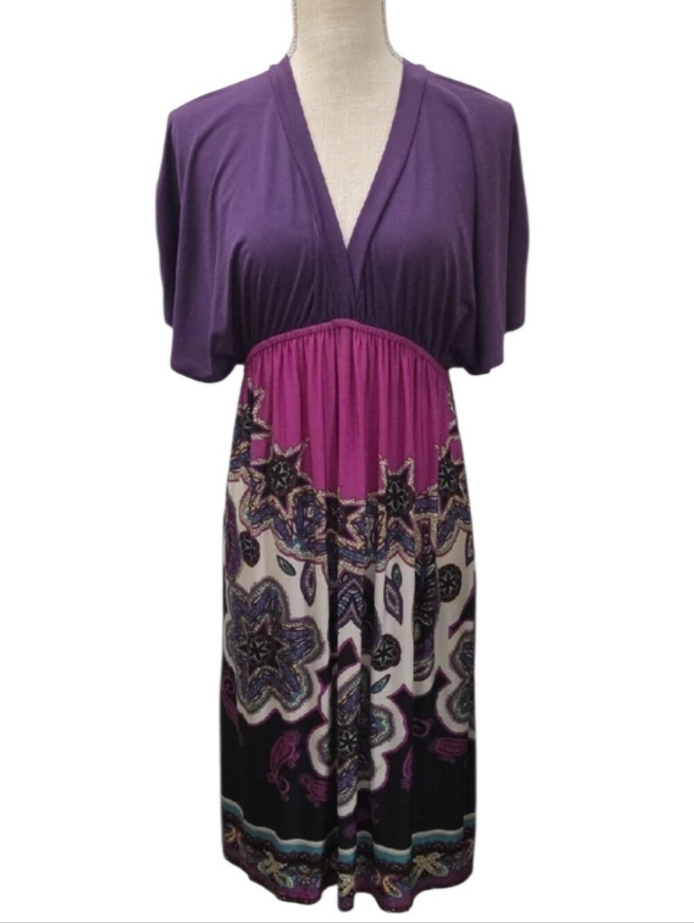 Ophelia Purple & Magenta V-Neck Empire Waist Midi Dress